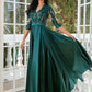 A-Line Evening Gown Elegant Dress Wedding Party Floor Length Half Sleeve Illusion Neck Satin with Pleats Sequin