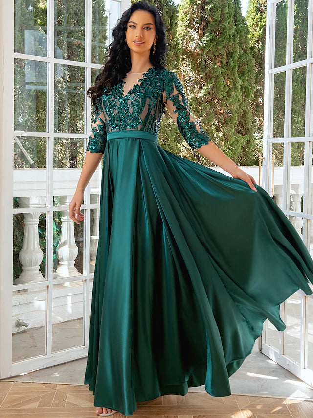 A-Line Evening Gown Elegant Dress Wedding Party Floor Length Half Sleeve Illusion Neck Satin with Pleats Sequin