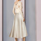 A-Line Mother of the Bride Dress Wedding Guest Elegant Jewel Neck Tea Length Satin Lace Half Sleeve with Bow(s) Pleats