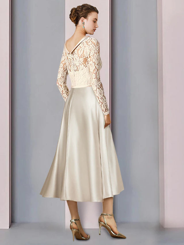 A-Line Mother of the Bride Dress Wedding Guest Elegant Jewel Neck Tea Length Satin Lace Half Sleeve with Bow(s) Pleats