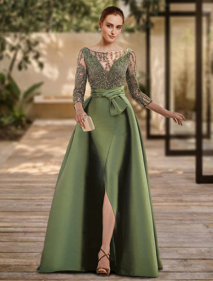 A-Line Evening Gown Open Back Dress Formal Wedding Guest Floor Length 3/4 Length Sleeve Scoop Neck Lace with Slit