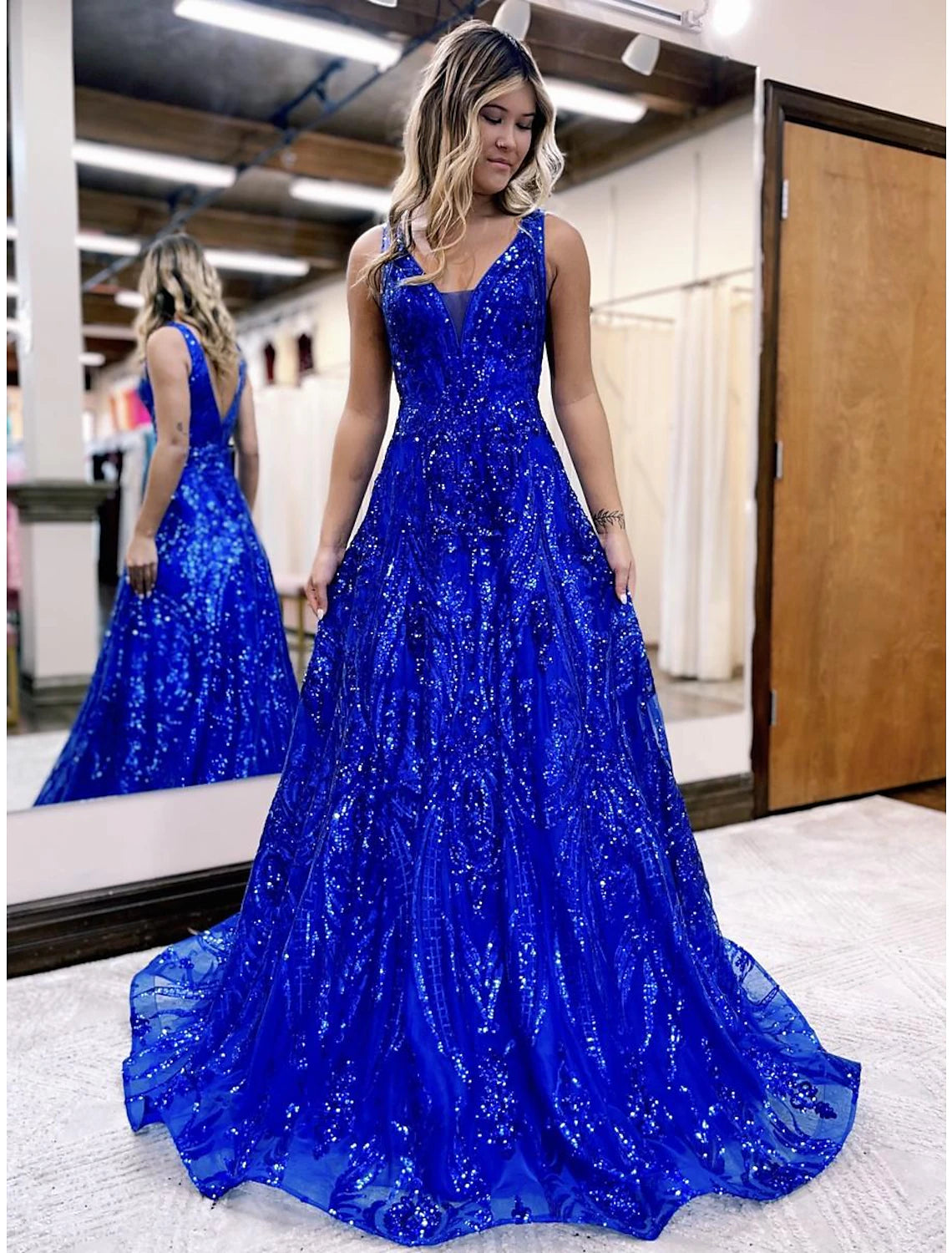 A-Line Prom Dresses Sparkle & Shine Dress Formal Floor Length Sleeveless V Neck Sequined V Back