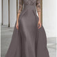 A-Line Mother of the Bride Dress Wedding Guest Elegant V Neck Floor Length Chiffon Lace Half Sleeve with Ruching