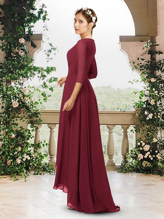 A-Line Bridesmaid Dress V Neck 3/4 Length Sleeve Elegant Sweep / Brush Train / Asymmetrical Chiffon