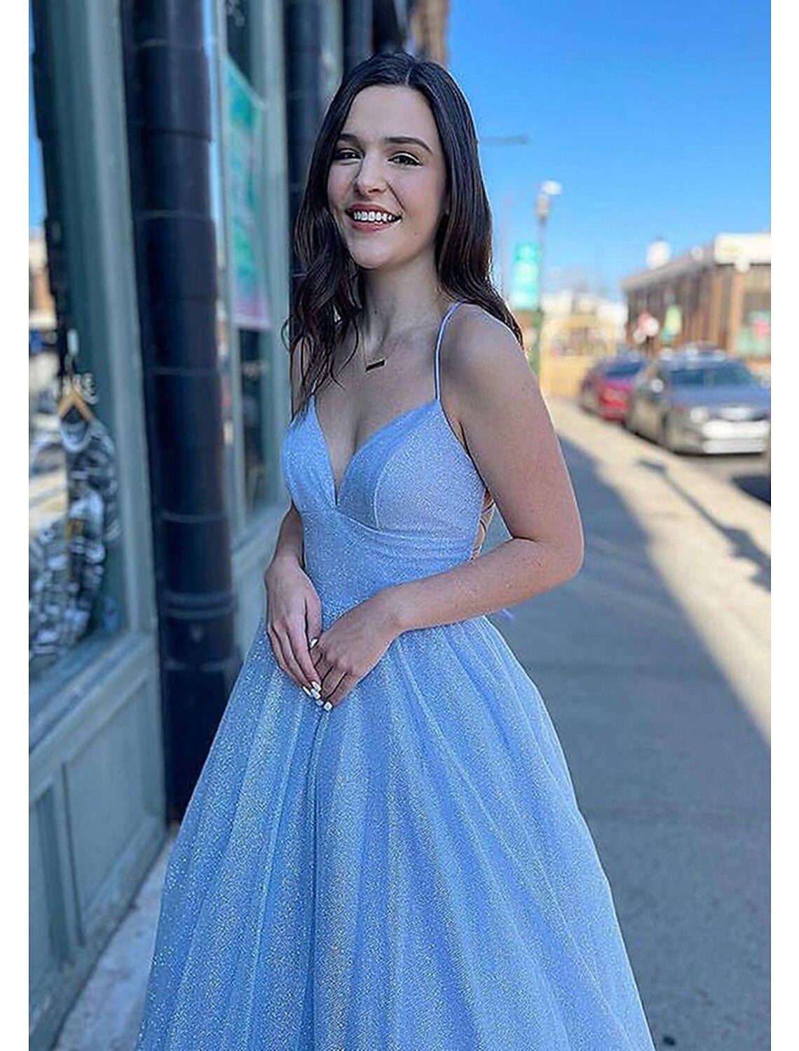 Ball Gown A-Line Prom Dresses Sparkle & Shine Dress Formal Floor Length Sleeveless V Neck Tulle Backless