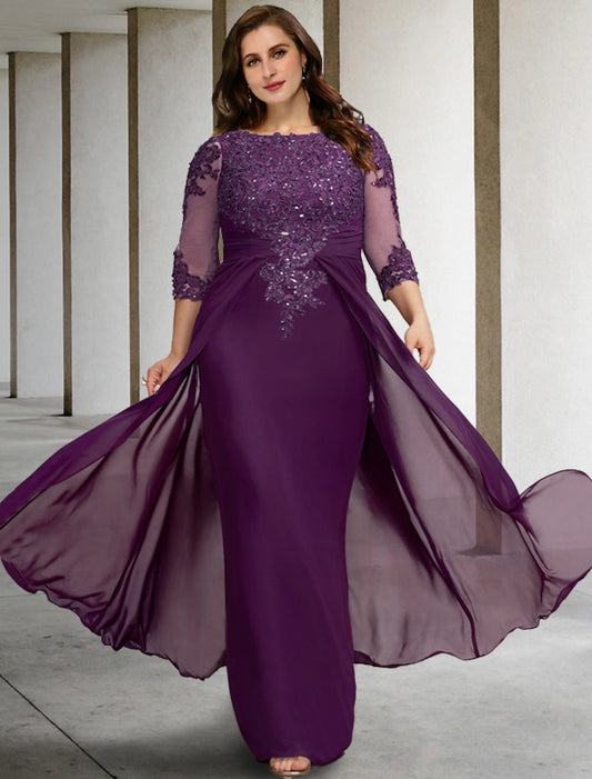 Sheath / Column Plus Size Curve Mother of the Bride Dresses Elegant Dress Formal Wedding Guest Floor Length Half Sleeve Jewel Neck Chiffon with Ruched Beading