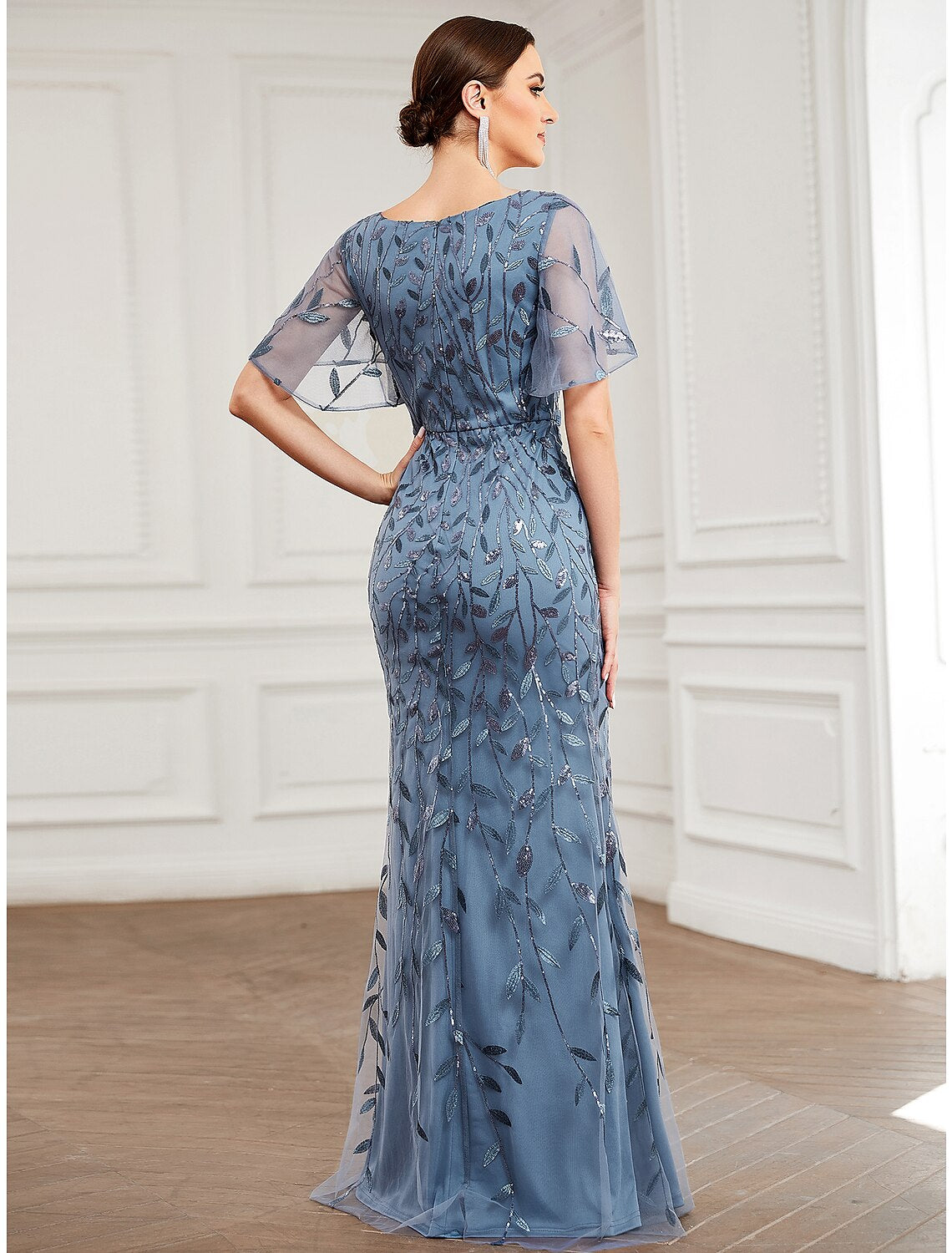 Mermaid / Trumpet Evening Gown Sparkle Dress Formal Floor Length Short Sleeve V Neck Fall Wedding Guest Tulle