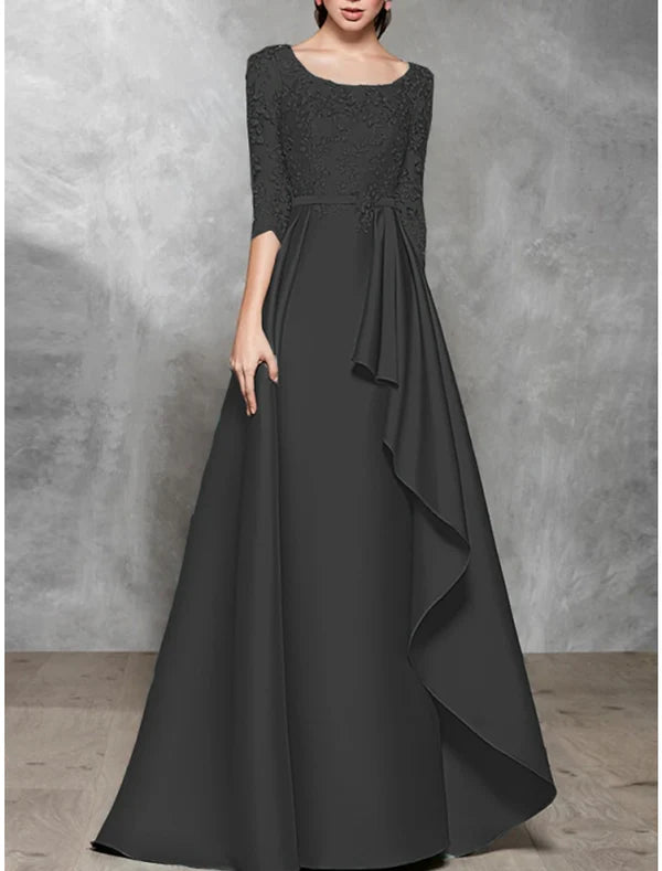 A-Line Evening Gown Black Dress Plus Size Elegant Dress Formal Wedding Floor Length Half Sleeve Scoop Neck Satin