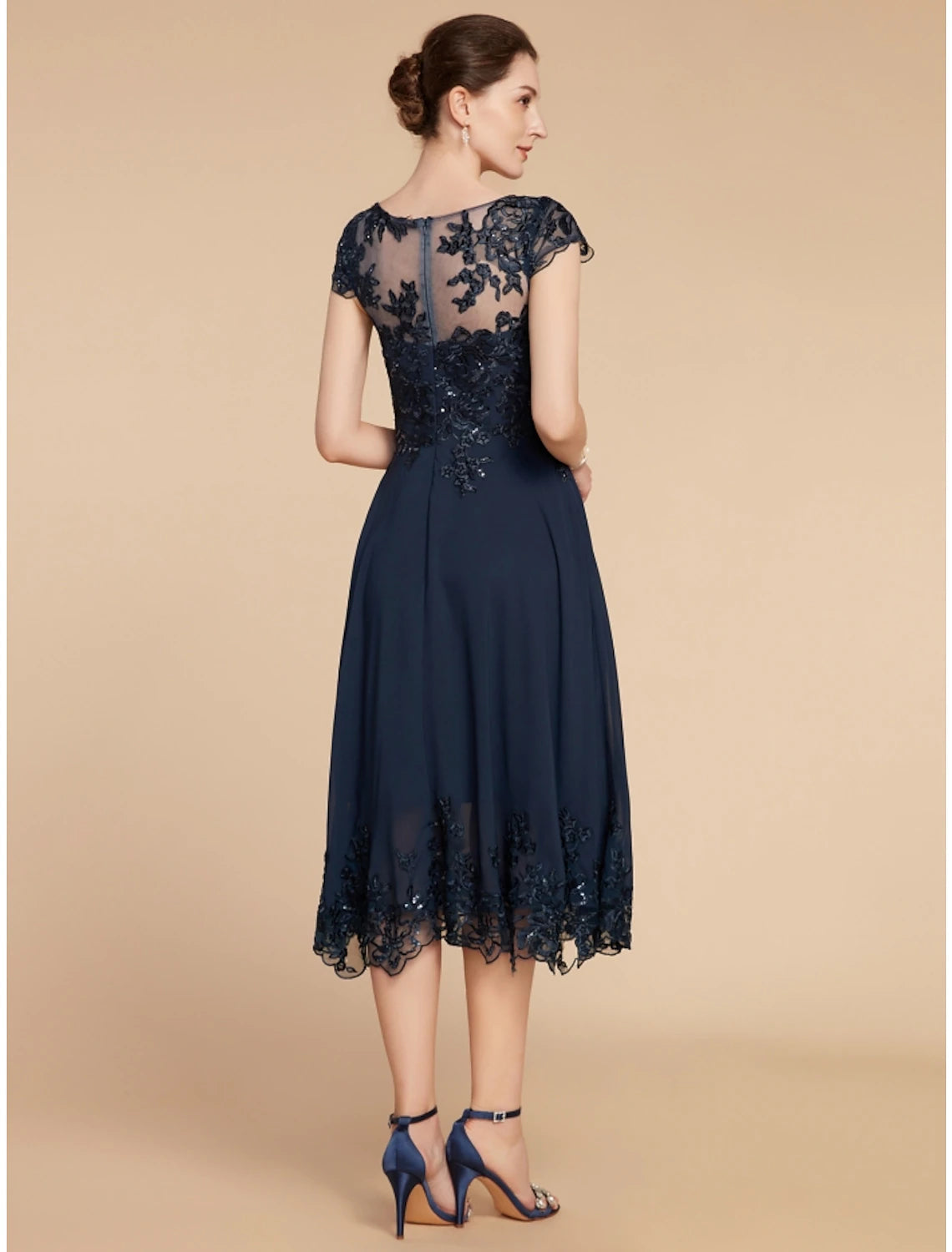 A-Line Mother of the Bride Dress Wedding Guest Elegant Petite Scoop Neck Tea Length Chiffon Lace Cap Sleeve with Sequin Ruching