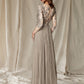 A-Line Mother of the Bride Dress Wedding Guest Plus Size Elegant V Neck Floor Length Chiffon Lace Half Sleeve with Pleats