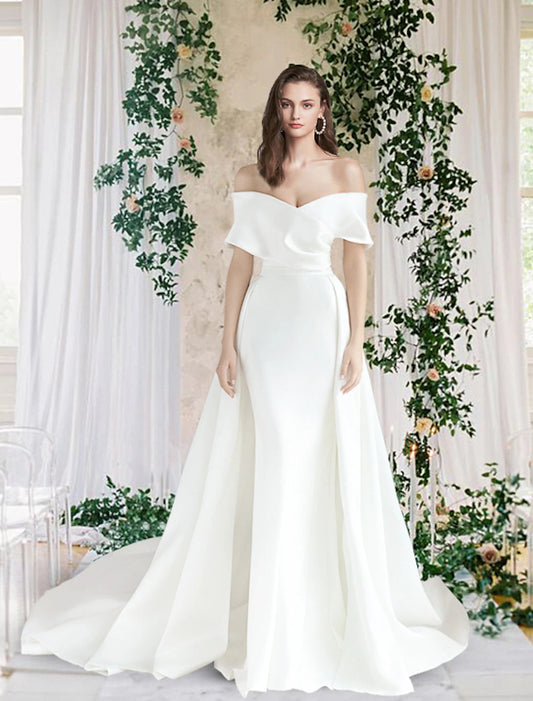 Hall Casual Wedding Dresses Chapel Train Sheath / Column Cap Sleeve Off Shoulder Satin