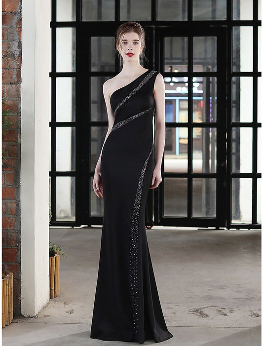 Mermaid / Trumpet Evening Gown Sexy Dress Wedding Guest Floor Length Sleeveless One Shoulder Stretch Satin