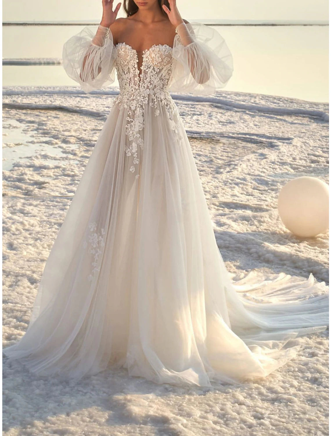 Beach Formal Wedding Dresses A-Line Off Shoulder Long Sleeve Court Train Lace Bridal Gowns With Appliques Fall Wedding Party