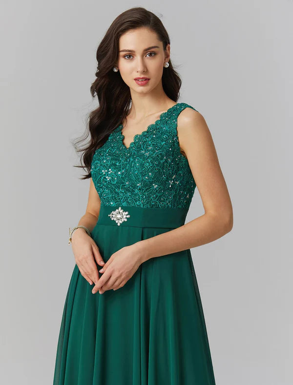 A-Line Elegant Dress Wedding Guest Formal Evening Floor Length Sleeveless V Neck Chiffon V Back with Beading