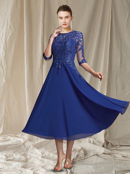 A-Line Mother of the Bride Dress Elegant Jewel Neck Tea Length Chiffon Lace Half Sleeve with Sequin