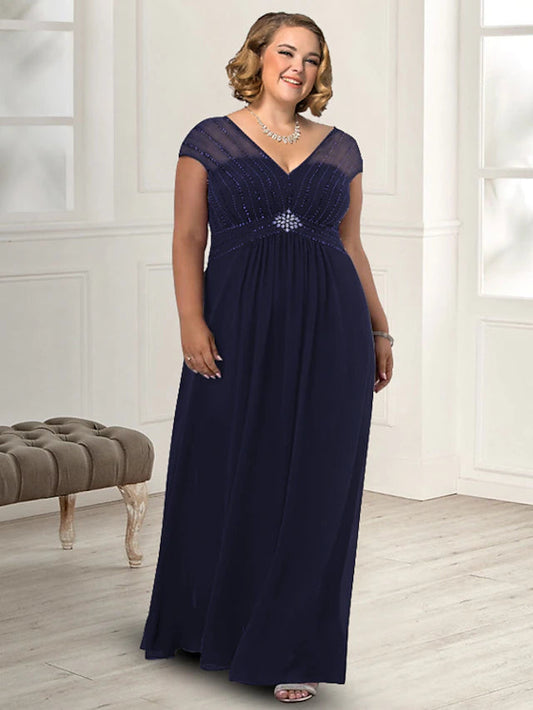 Sheath / Column Mother of the Bride Dress Plus Size Elegant V Neck Floor Length Chiffon Sleeveless with Beading Crystal