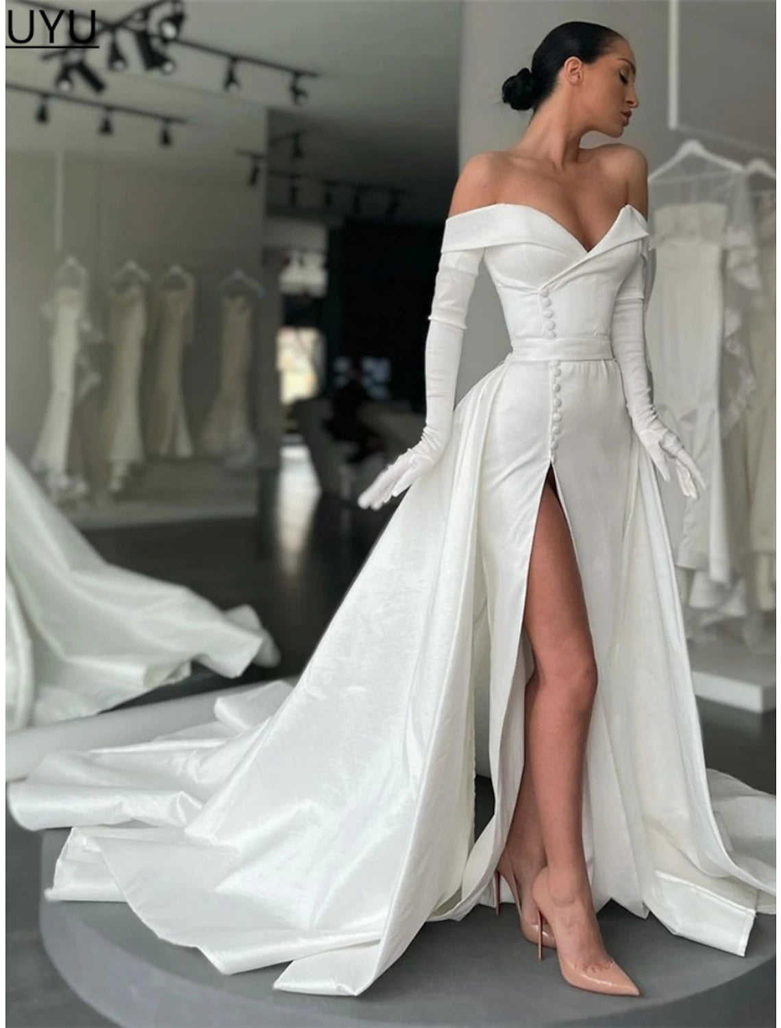 A-Line Evening Gown Elegant Dress Formal Court Train Long Sleeve Off Shoulder Satin with Buttons Pleats