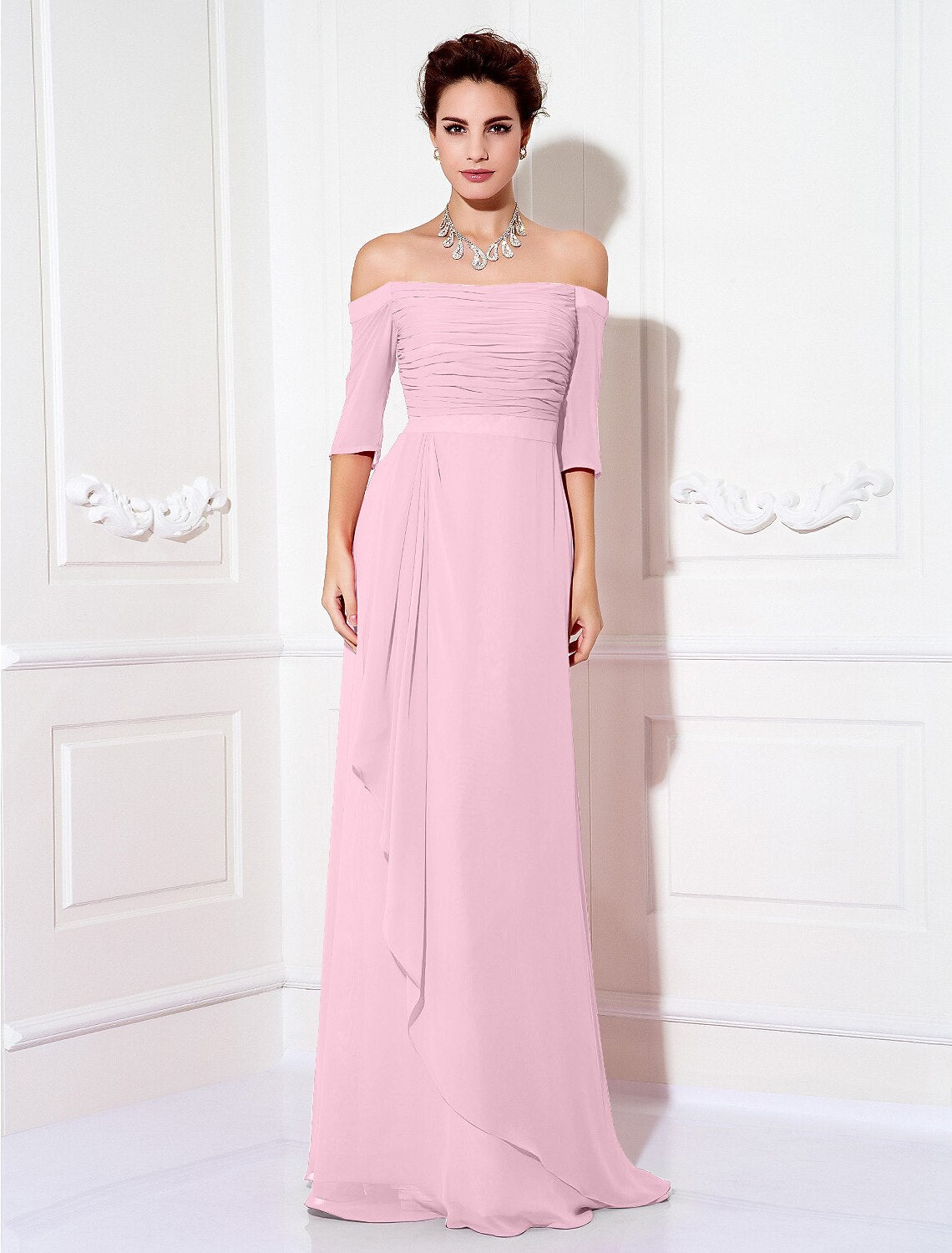 Sheath / Column Minimalist Dress Wedding Guest Sweep / Brush Train Half Sleeve Off Shoulder Chiffon