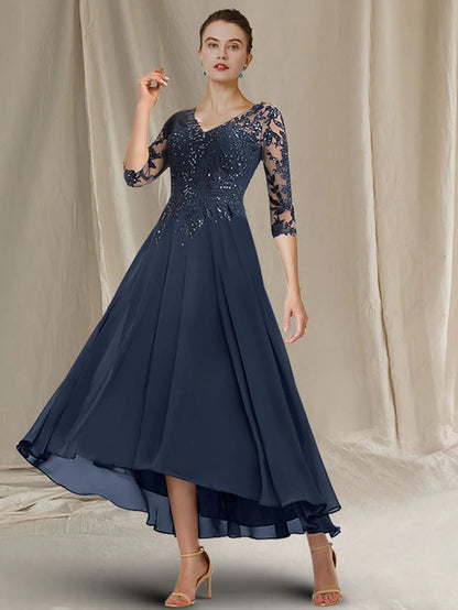 A-Line Mother of the Bride Dress Elegant Sparkle & Shine High Low V Neck Asymmetrical Tea Length Chiffon Lace Half Sleeve with Sequin Ruffles