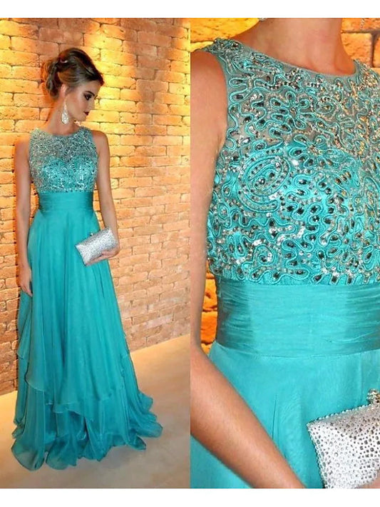 A-Line Evening Gown Tiered Prom Dress Formal Sweep / Brush Train Sleeveless Jewel Neck Chiffon