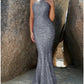 Mermaid Trumpet Evening Gown Sparkle Shine Dress Formal Fall Sweep Brush Train Sleeveless One Shoulder