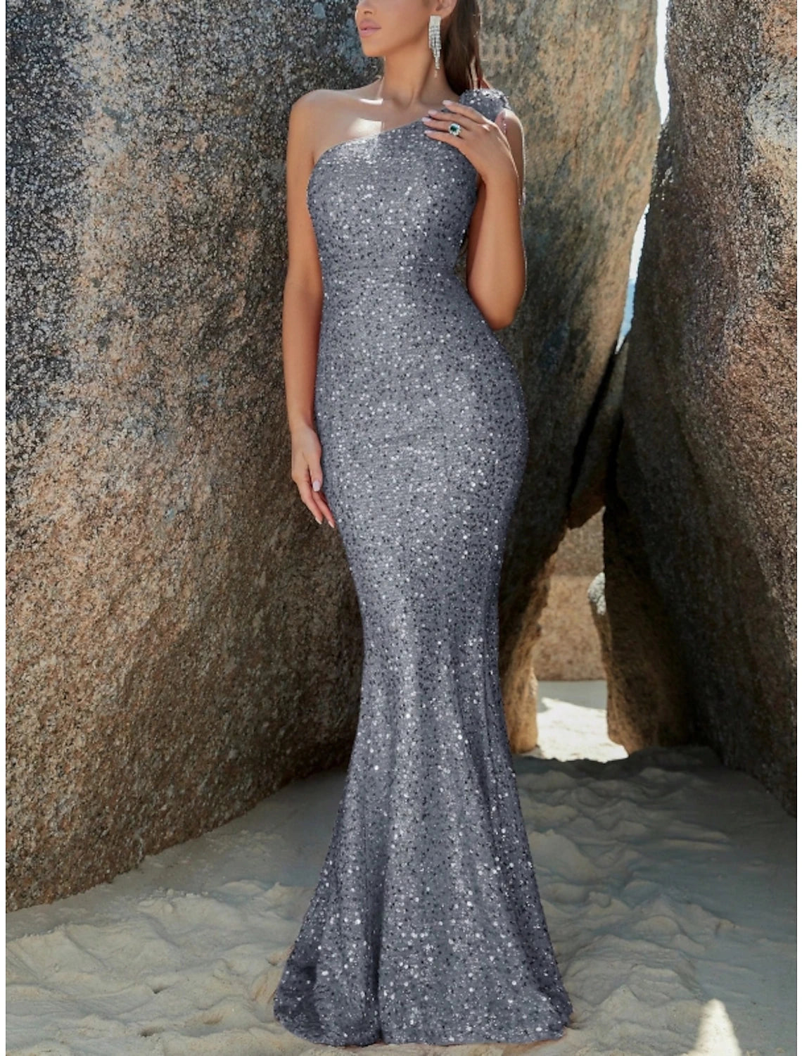 Mermaid Trumpet Evening Gown Sparkle Shine Dress Formal Fall Sweep Brush Train Sleeveless One Shoulder