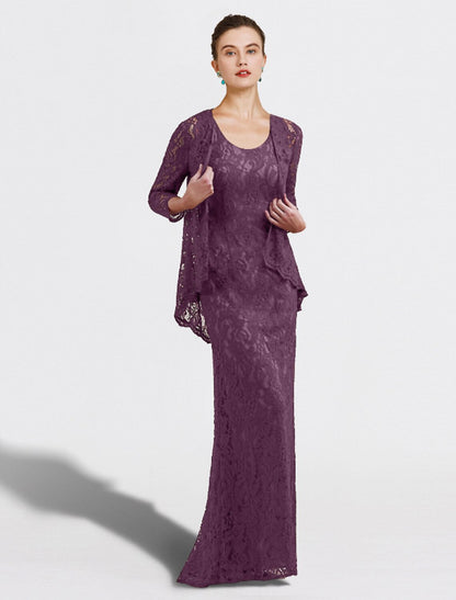 Two Piece Sheath / Column Mother of the Bride Dress Plus Size Elegant Jewel Neck Floor Length Lace Sleeveless Wrap Included