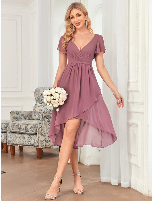 A-Line Bridesmaid Dress Plunging Neck Sleeveless Elegant Asymmetrical / Short / Mini Chiffon with Pleats / Cascading Ruffles