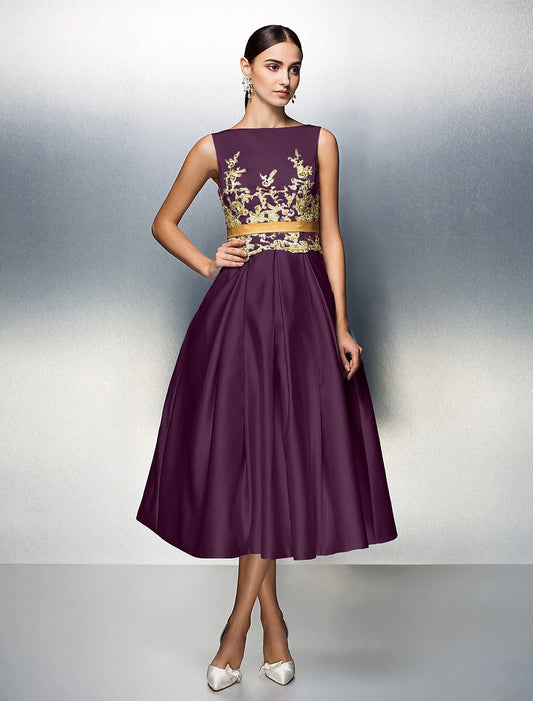 A-Line Cocktail Dresses Party Dress Wedding Guest Prom Tea Length Sleeveless Jewel Neck Satin V Back with Pleats