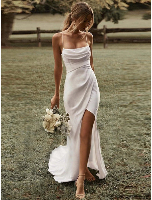 Beach Sexy Casual Wedding Dresses Sheath / Column Square Camisole Spaghetti Strap Sweep / Brush Train Stretch Fabric Bridal Gowns