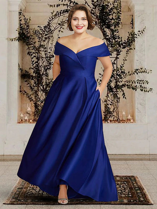 A-Line Mother of the Bride Dress Plus Size Elegant V Neck Sweep / Brush Train Satin Short Sleeve