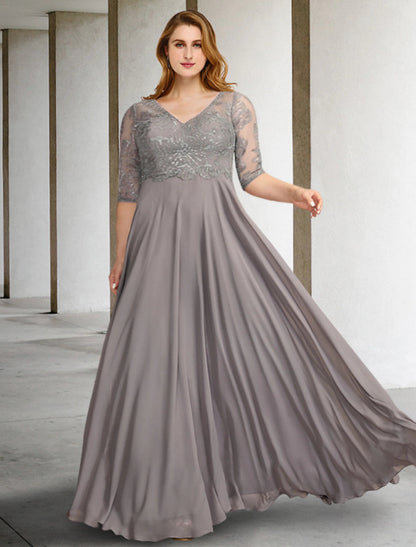 A-Line Mother of the Bride Dresses Plus Size Hide Belly Curve Elegant Dress Formal Floor Length Half Sleeve V Neck Chiffon with Pleats