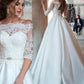 Engagement Formal Wedding Dresses Ball Gown Off Shoulder Half Sleeve Sweep / Brush Train Satin Bridal Gowns With Pleats