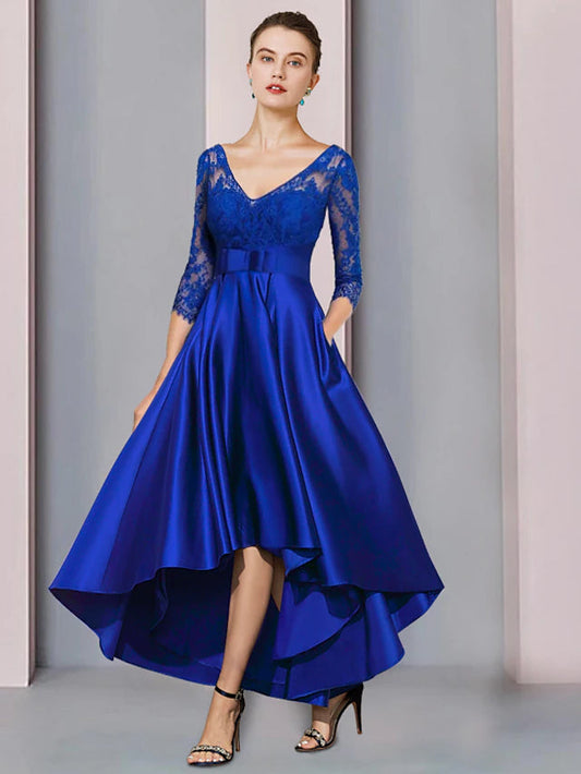 A-Line Mother of the Bride Dress Formal Wedding Guest Elegant High Low Jewel Neck V Neck Asymmetrical Tea Length Satin Lace 3/4 Length Sleeve with Bow(s)
