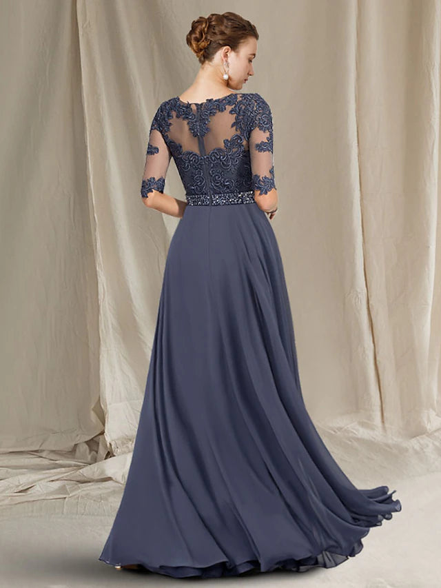 A-Line Mother of the Bride Dress Luxurious Elegant Jewel Neck Floor Length Chiffon Lace Tulle Half Sleeve