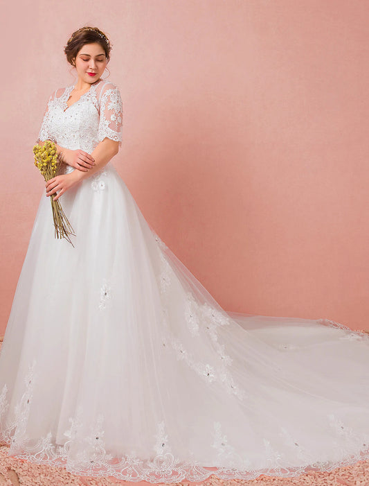 Hall Wedding Dresses A-Line V Neck Half Sleeve Cathedral Train Satin Bridal Gowns With Lace
