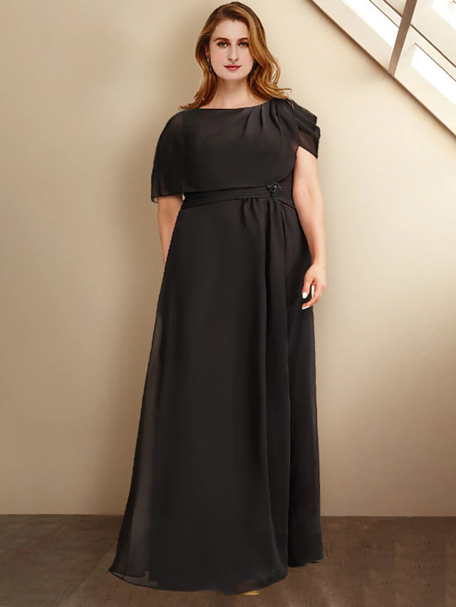 A-Line Plus Size Curve Mother of the Bride Dresses Elegant Dress Formal Floor Length Sleeveless Jewel Neck Chiffon with Ruched Crystals