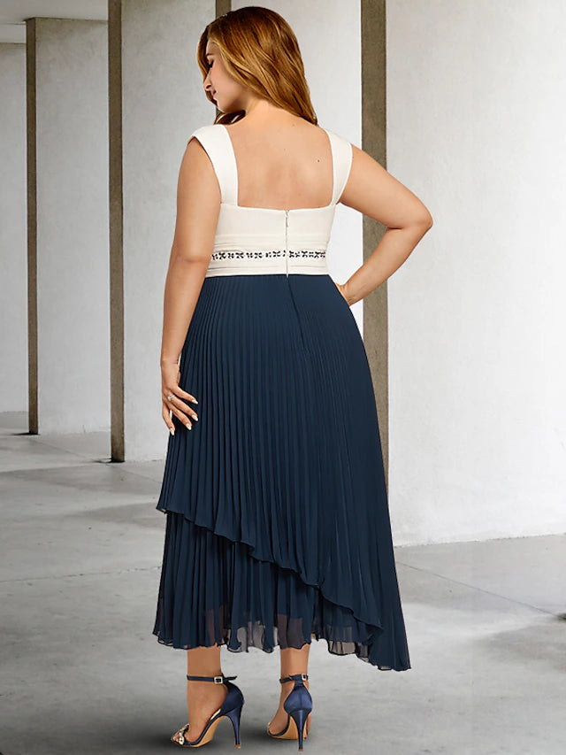 Two Piece A-Line Plus Size Curve Mother of the Bride Dresses Color Block Dress Formal Ankle Length Sleeveless Square Neck Chiffon with Pleats