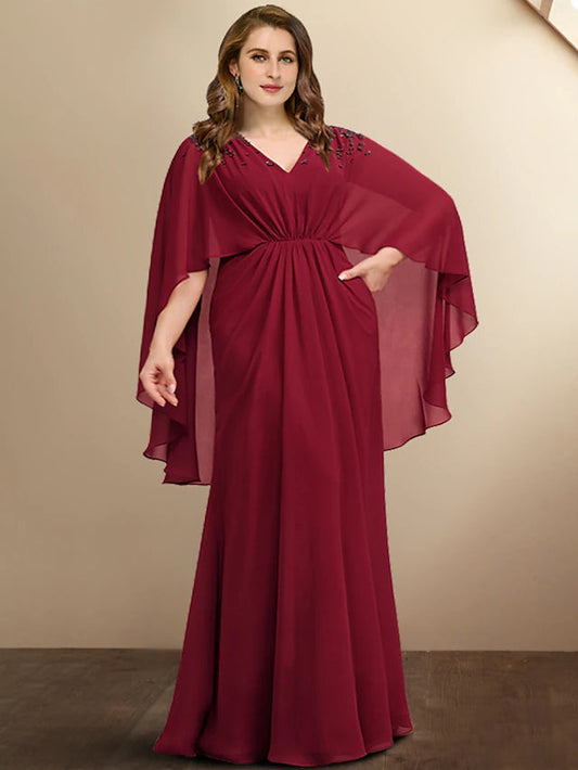 A-Line Plus Size Curve Mother of the Bride Dresses Elegant Dress Formal Floor Length Sleeveless V Neck Chiffon with Pleats