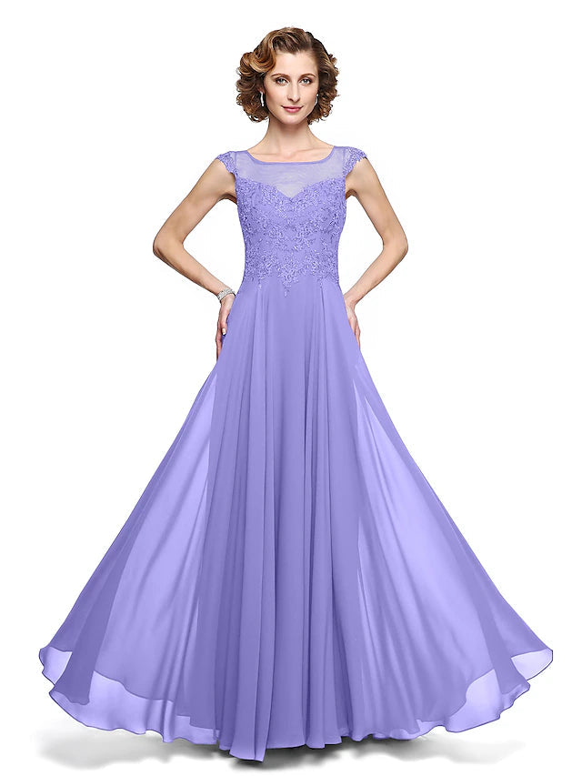 A-Line Mother of the Bride Dress Elegant Jewel Neck Ankle Length Chiffon Lace Sleeveless