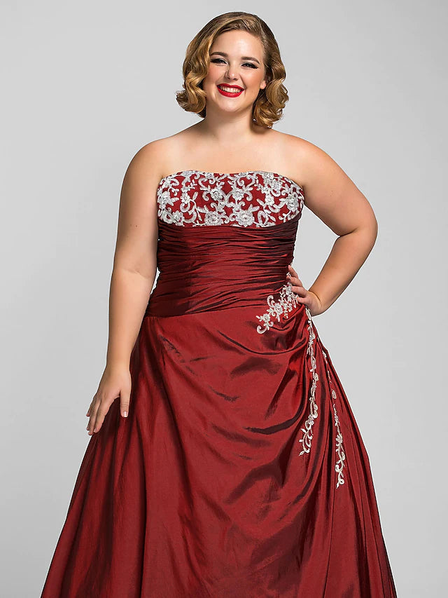 Ball Gown Plus Size Prom Formal Evening Dress Strapless Sleeveless Floor Length Taffeta with Beading=