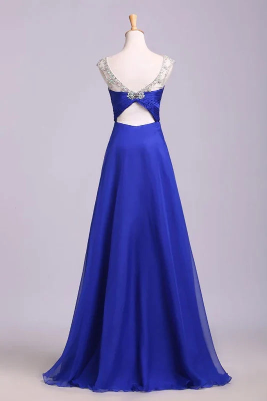 A Line Floor Length Chiffon Crystals Pleated Prom Dress Evening Dress with Pleats
