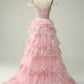 A-Line/Princess Sweetheart Off The Shoulder Sleeveless Floor-Length Evening Dress With Sequins Pink