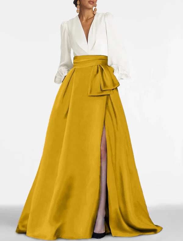 A-Line Evening Gown Elegant Dress Formal Sweep / Brush Train Formal Red Green Dress Long Sleeve V Neck Satin with Slit