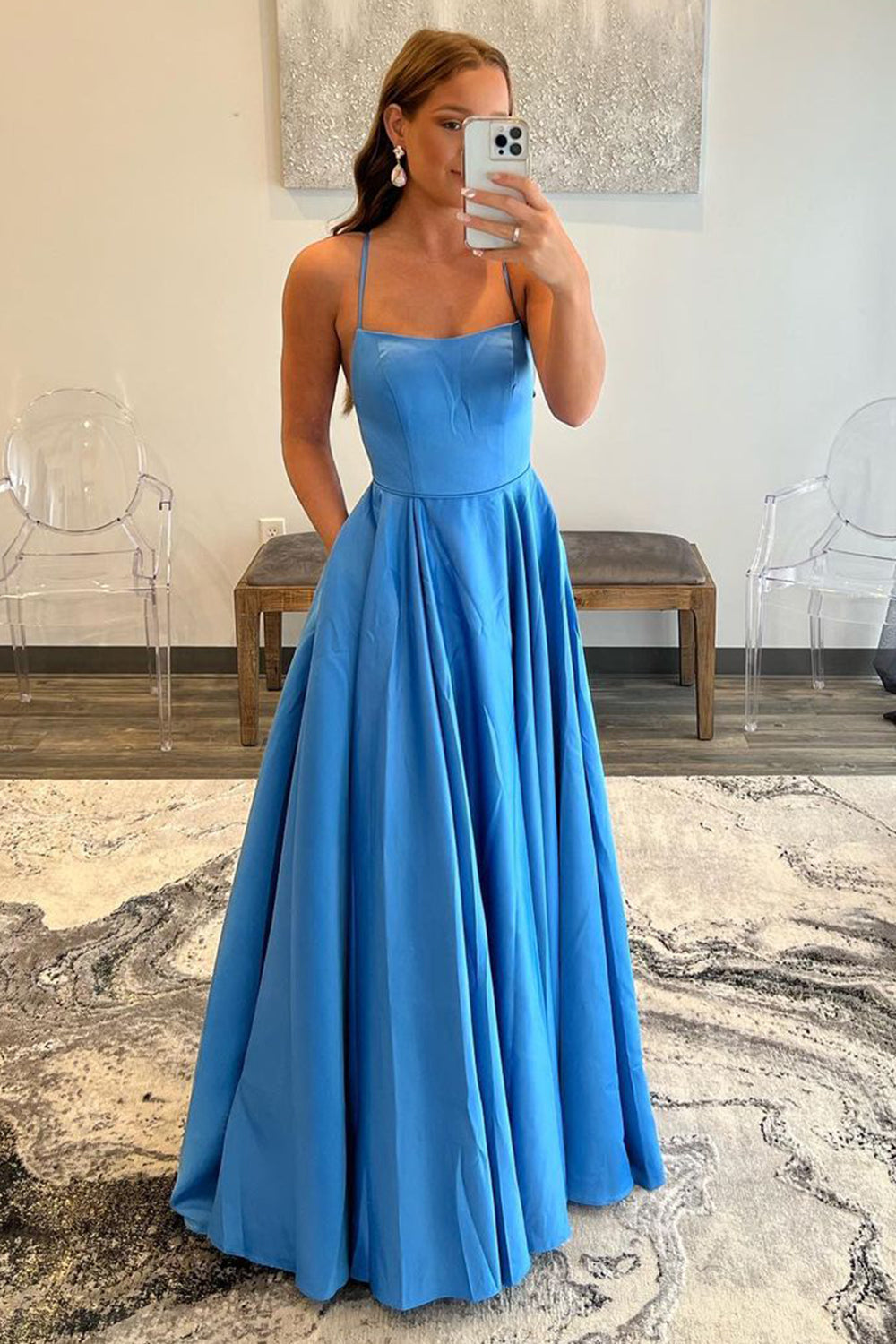 A-Line Spaghetti Straps Simple Prom Dress with Pockets Floor Length Party Dresses