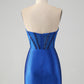 Classy Sparkly Royal Blue Tight Strapless Short Homecoming Dress with Beading Sexy