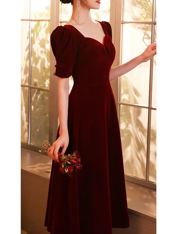 A-Line Cocktail Dresses Elegant Dress Wedding Guest Homecoming Tea Length Half Sleeve Scoop Neck Velvet