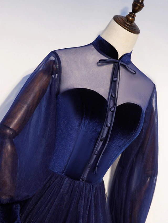 A-Line Prom Dresses Vintage Dress Party Wear Floor Length Long Sleeve Stand Collar Tulle with Bow(s)