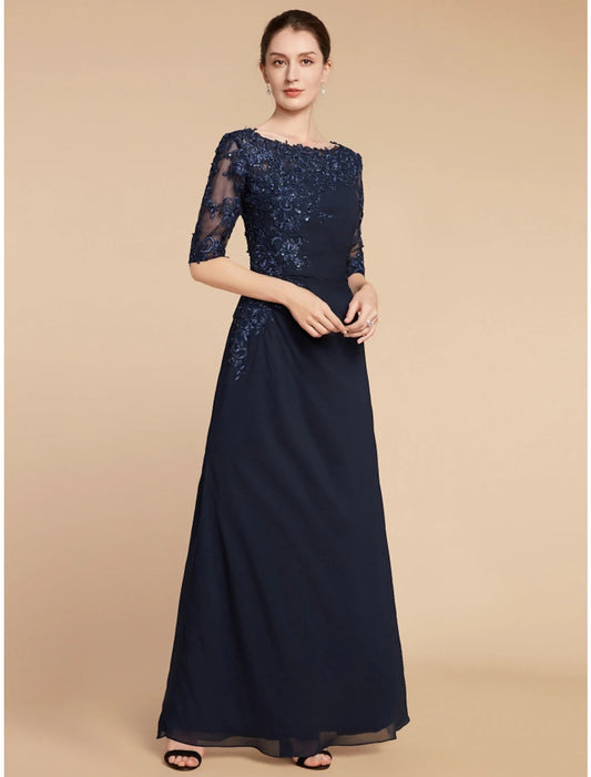 Sheath / Column Mother of the Bride Dress Wedding Guest Elegant Scoop Neck Ankle Length Chiffon Lace Half Sleeve with Sequin Ruching