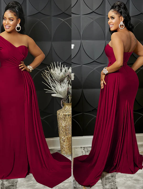 Women‘s Formal Party Dress Wedding Guest Dress Bodycon Long Dress Maxi Dress claret Sleeveless Pure Color Patchwork Winter Fall Autumn One Shoulder Evening Party